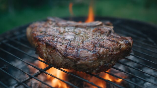 Succulent steak sizzling on a smoky barbecue, evoking Midsummer Feast and Barbecue Month with its charred umami symphony