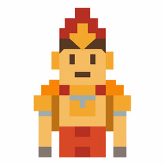 Pixel Art Character with Fire Helmet and Armor Standing in Retro Style Design