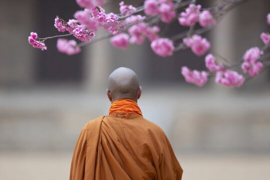 Bald Asian monk in saffron robe beneath cherry blossoms, evoking tranquility of Hanami celebrations and Vesak meditation rituals