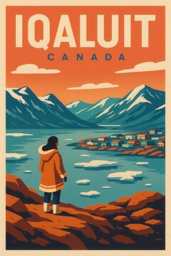A woman in a parka stands on a rocky cliff overlooking Iqaluit, Nunavut, with colorful homes, floating ice, a calm bay, and snow-capped mountains under a vivid sky