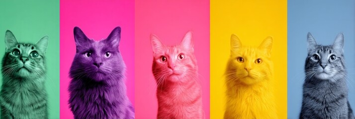Vivid rainbow-hued feline lineup in pop-art style evokes feline festival, quirky pet portraiture day, kaleidoscope curiosity essence