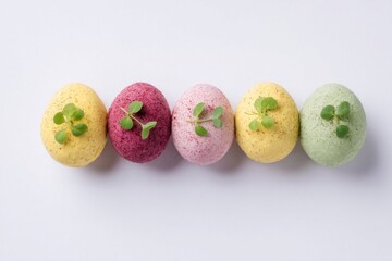 Whimsical pastel-dyed moss eggs cradle sprouting clovers, evoking Ostara's renewal and quirky botanical artistry's charm