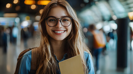 Young woman smiling holding passport and boarding pass at airport