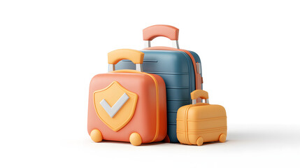 3D icon of luggage and a shield with a checkmark on white background. for vacation, travel company