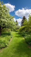 Verdant garden path under whimsical blossoms, evoking Beltane's lush renewal and serene World Planting Day aspirations