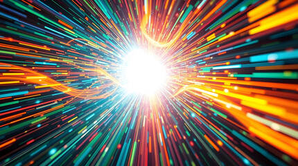 Obraz premium Colorful streaks of light converging towards a bright center creating a vibrant spectacle