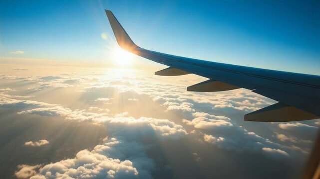 Airplane wing soaring above fluffy clouds during a golden sunset
