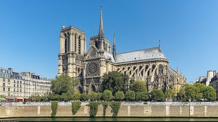 Fototapeta premium Breathtaking view of Notre Dame Cathedral in Paris, showcasing gothic architecture and rich history.