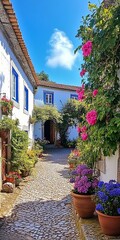 Fototapeta premium Charming Narrow Street in Obidos, Portugal with Blue Building and Lush Flora Alongside the Path