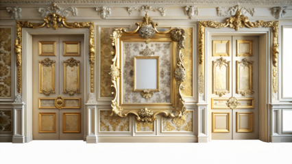 An opulent interior showcases a grand wall with ornate goldtrimmed doors and a central decorative frame, exuding luxury and classic architectural elegance against a transparent background