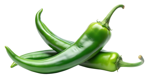 Two vibrant green chili peppers are artfully arranged on a clean transparent background, showcasing their fresh, organic texture and potential for adding a spicy kick to any dish