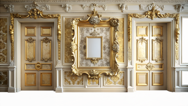 An opulent interior showcases a grand wall with ornate goldtrimmed doors and a central decorative frame, exuding luxury and classic architectural elegance against a transparent background