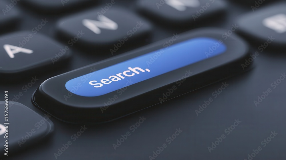 Poster close-up of a dark gray computer keyboard search button.