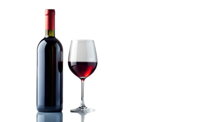 A classic bottle of red wine stands next to a full glass of red wine on a reflective surface, isolated on a transparent background, evoking a sense of luxury and celebration