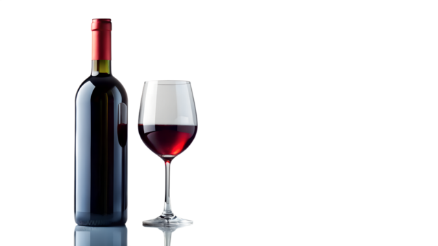 A classic bottle of red wine stands next to a full glass of red wine on a reflective surface, isolated on a transparent background, evoking a sense of luxury and celebration