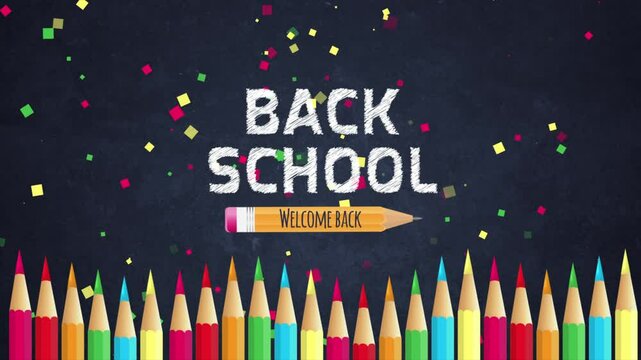 back to school background video with drawing pencil and crayons, and confetti