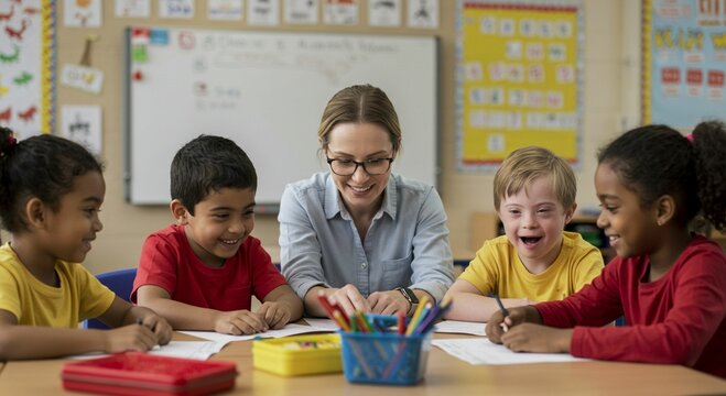 Teacher and diverse children engaged in classroom activity