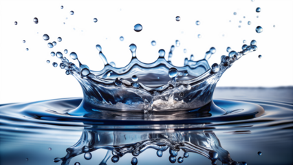 A dynamic splash of clear water creating a crown shape with droplets scattering, captured in highspeed motion, isolated on a transparent background