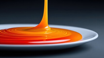 Elegant sauce dripping on white plate gourmet kitchen culinary art close-up view