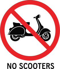 No Scooter Sign Graphic Icon in Red Circle with a Classic Scooter Silhouette, Indicating Restriction
