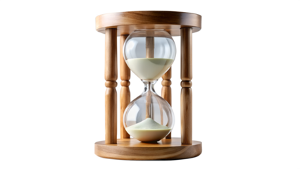 A vintage wooden hourglass with sand flowing through the glass, isolated on a transparent background