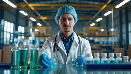 Laboratory technician in a white coat with blue gloves and hairnet, working with glassware and chemical solutions in a lab setting