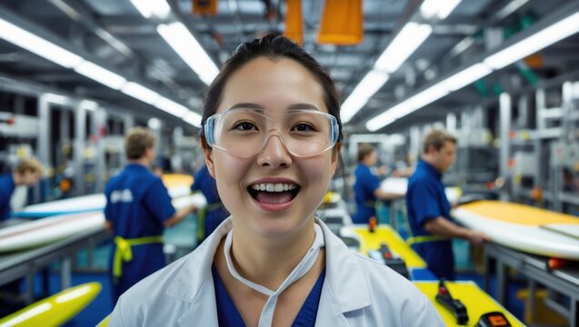 Smiling young woman wearing safety glasses in a surfboard manufacturing facility with workers in the background - Powered by Adobe