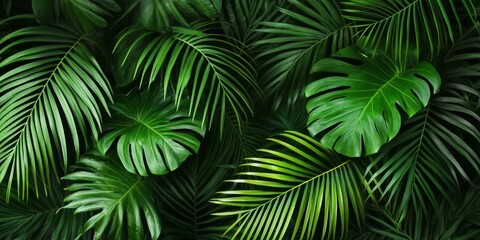Fototapeta premium Lush Green Palm Leaves and Exotic Foliage Background, Perfect for Tropical Summer Designs and Themes