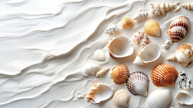 Seashells arranged on clean white sand flatlay, beach vacation concept for summer, travel or minimalist ocean themes