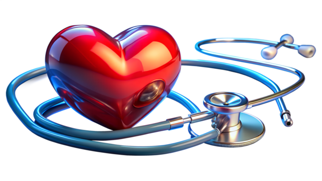 A shiny red heart is entwined with a blue stethoscope, symbolizing health and medical care, isolated on a transparent background - Powered by Adobe