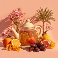 Enchanting Tea Still Life: An artistic display of a teapot filled with refreshing tea and various fruits and flowers on a softly lit surface.
