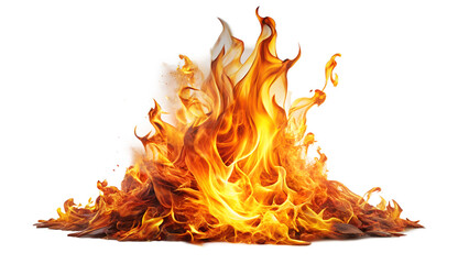 A vibrant and intense bonfire of orange and red flames with smoke and embers, isolated on a transparent background