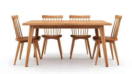A minimalist wooden dining table with four chairs, isolated on white background