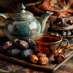 Delightful Tea Ceremony with Dates: A still-life scene features a beautiful teapot and a detailed teacup, filled with dark tea, accompanied by a selection of dates, captured in exquisite detail.