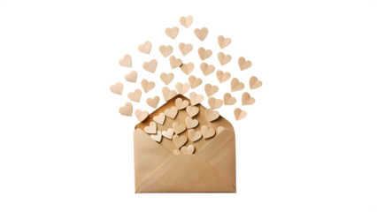 An open brown envelope overflowing with small, scattered beige paper hearts flying out against a transparent background