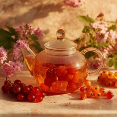 Glass Teapot with Berries: A crystal-clear glass teapot filled with amber tea and fresh berries sits amidst a delicate arrangement of pink and white flowers, bathed in warm sunlight.