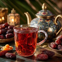 A moment of Delight: An inviting composition showcases a transparent glass, revealing the rich color of tea, accompanied by dates. This image is a celebration of life.