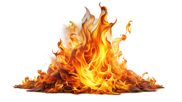 A vibrant and intense bonfire of orange and red flames with smoke and embers, isolated on a transparent background