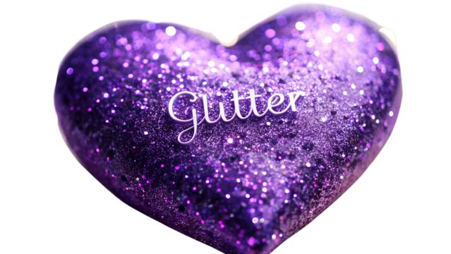 A closeup of a vibrant purple heart covered in sparkling glitter with the word glitter written on it, isolated on white isolated on transparent background - Powered by Adobe