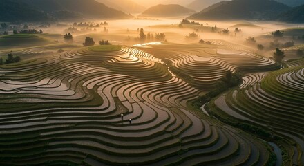 Naklejka premium Terraced rice paddies sunrise view
