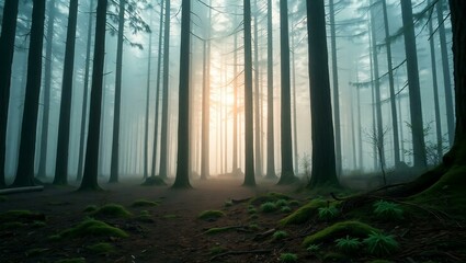 Naklejka premium Misty Morning in a Serene Pine Forest