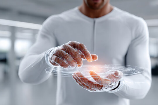 Engineer interacting with futuristic holographic interface in augmented reality experience