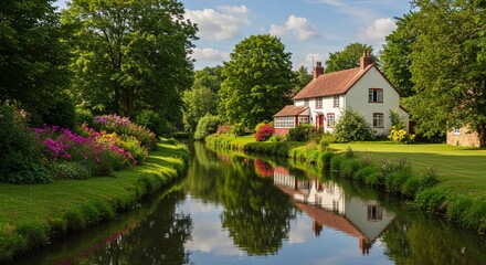 Obraz premium Tranquil country house by waterway