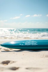A turquoise surfboard with flower design resting on the sand near the ocean on a bright sunny day