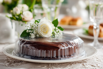 Chocolate Cake with Floral Elegance. Chocolate cake with floral decoration ideal for weddings or celebrations, featuring elegant and romantic ambiance.