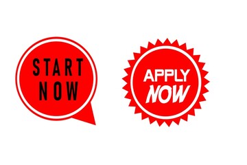 Set of red sale labels /APPLY NOW  and START NOW 'sticker. Authentic design graphic stamp.