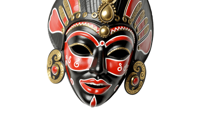 Ornate black and red decorative mask with gold accents showcased on a stark black background.