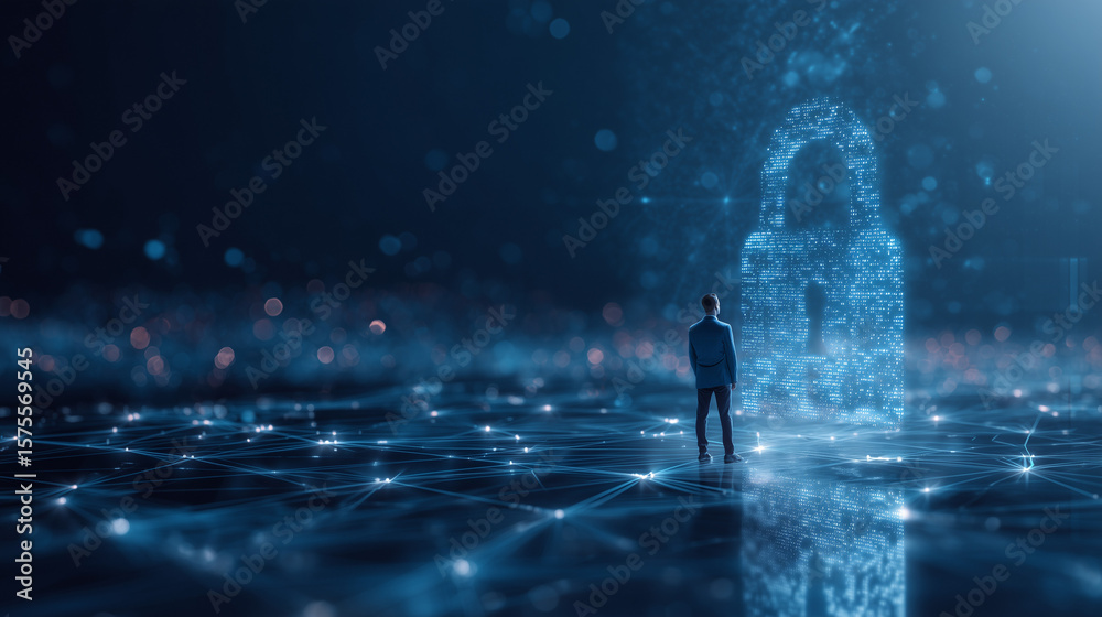 Poster data protection privacy concept. gdpr. cyber security network. man protecting data and personal info