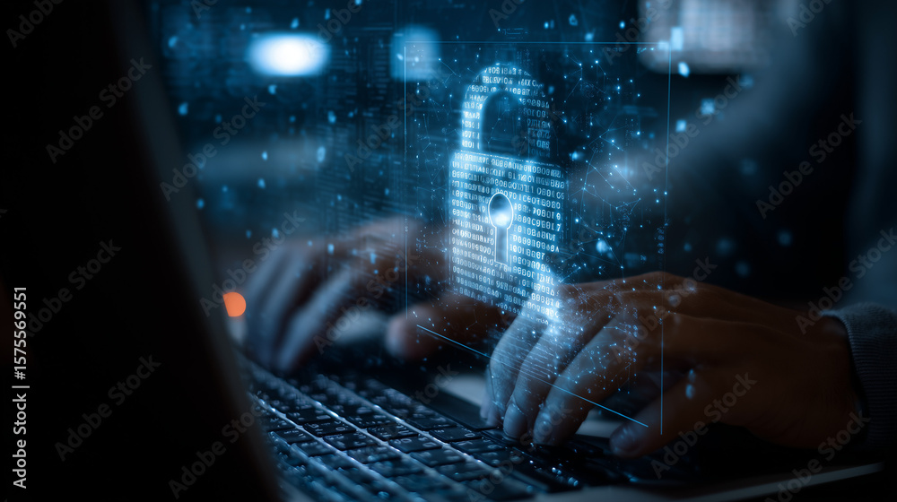 Poster data protection privacy concept. gdpr. cyber security network. man protecting data and personal info