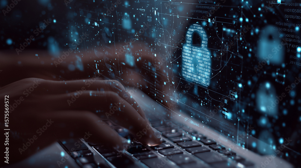 Poster data protection privacy concept. gdpr. cyber security network. man protecting data and personal info